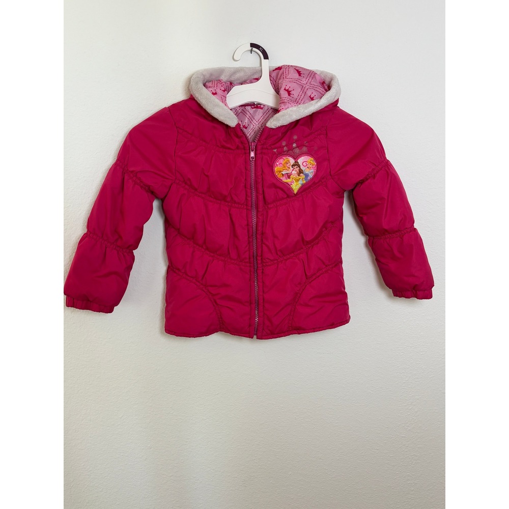 Disney Princess Girls Pink Puffer Jacket Heart Patch Hooded Coat 5/6 8D1602CNS